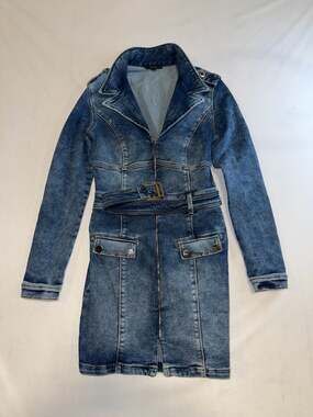 Studio F Long Sleeve Belted Zip-Up Denim Mini Dress